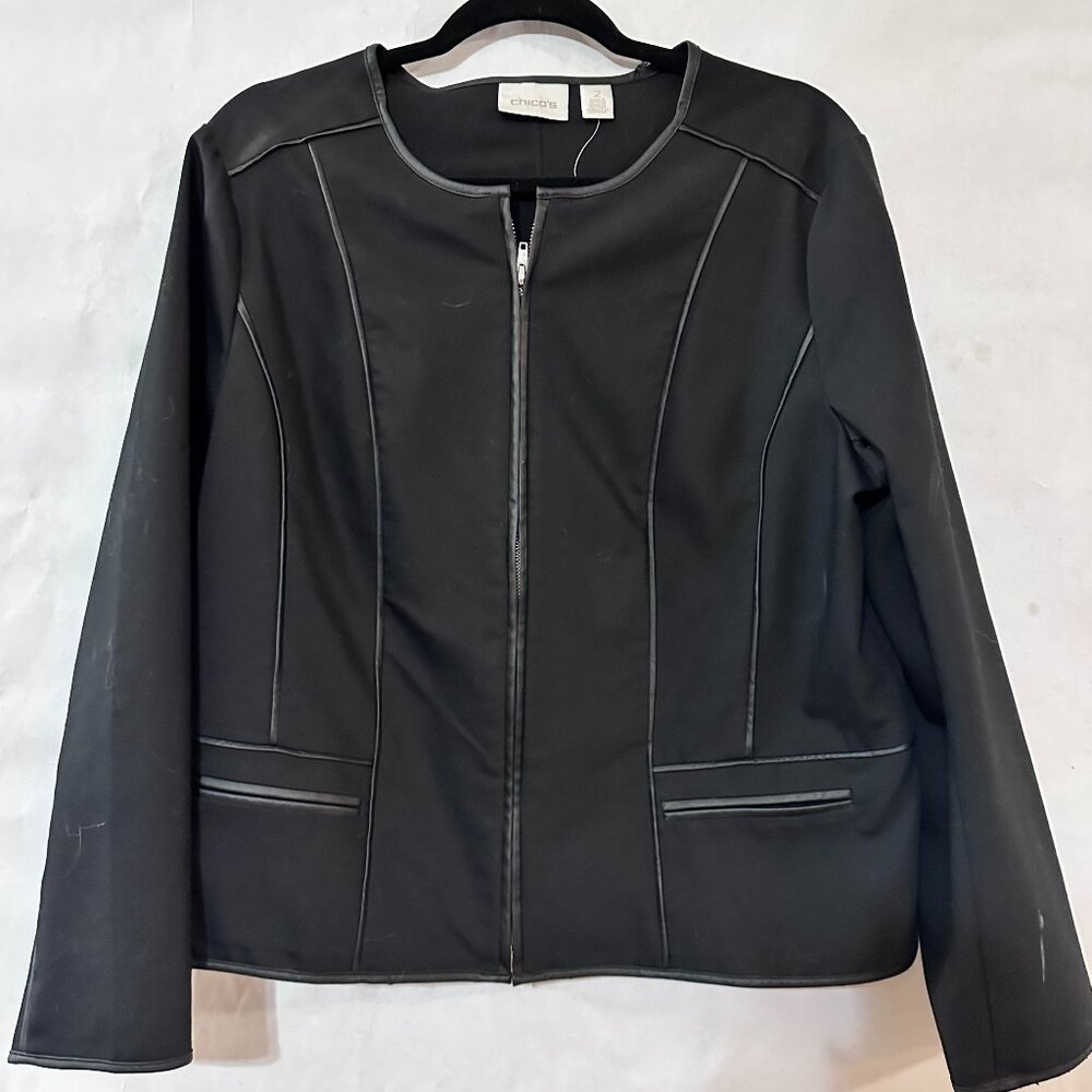 Chicos Black Jacket Blazer Size 2 Round Neck Cropped Sporty Chic Cotton